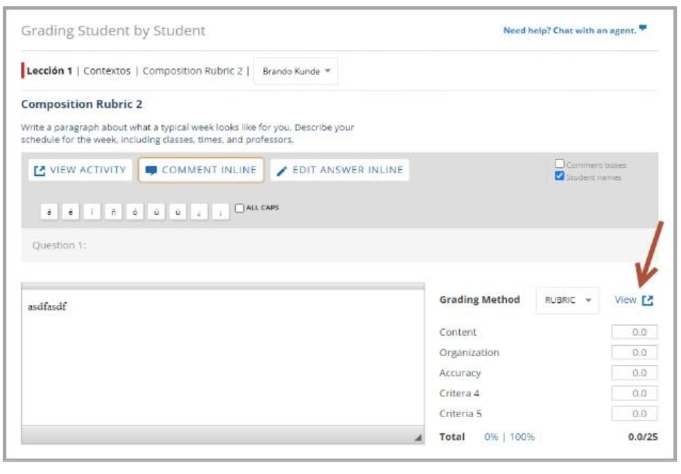 Includes navigation tabs and a prompt asking the student to write a paragraph about a typical week. Buttons for “View Activity,” “Comment Inline,” and “Edit Answer Inline” appear above a text response area. On the right, a rubric grading panel lists criteria such as Content, Organization, and Accuracy with score fields, a “View” link, and a total score display out of 25.
