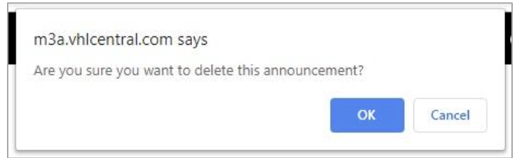  Browser confirmation dialog from VHL Central asking to confirm deletion of an announcement.