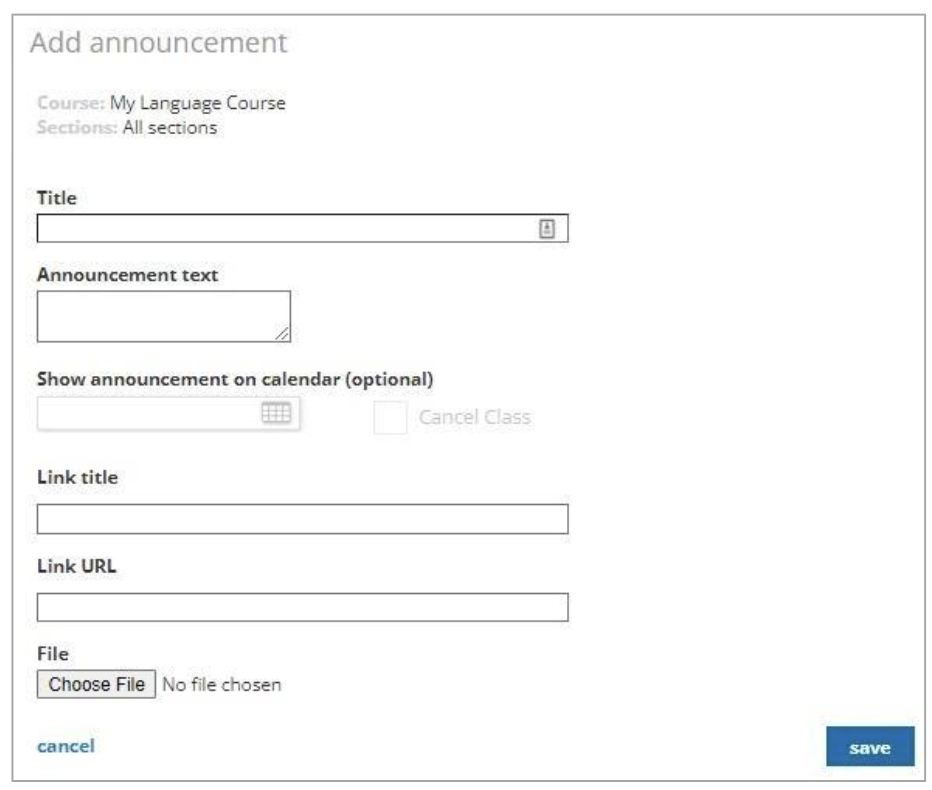 VHL Central Add Announcement form with fields for title, announcement text, calendar date, link title, link URL, and file upload.