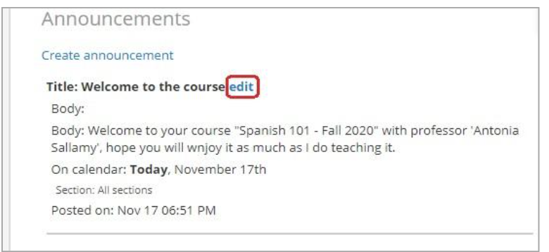 VHL Central Announcements page showing a posted welcome announcement with the edit link highlighted.