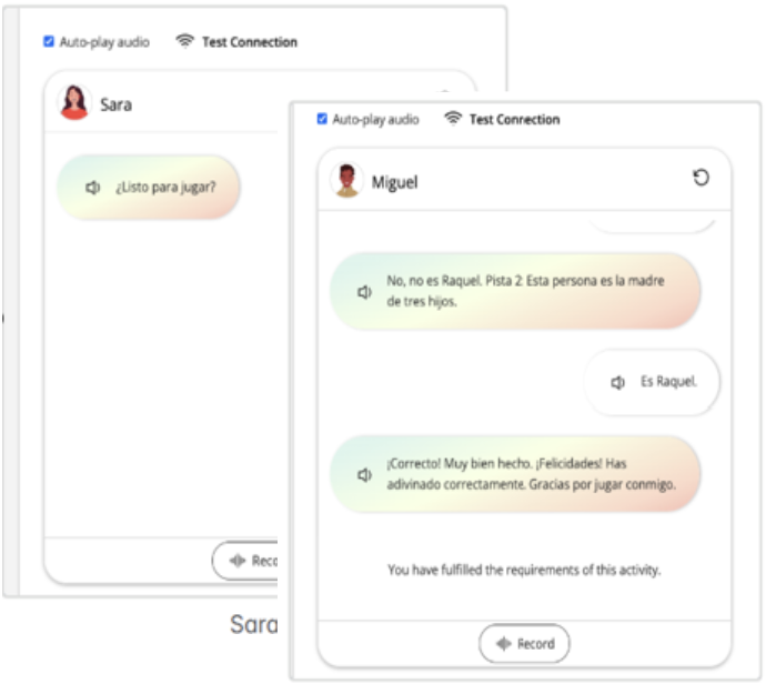 Two VHL Central Partner Chat activity windows showing AI characters Sara and Miguel in a Spanish conversation with audio playback and record controls.