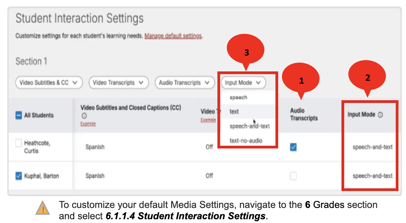 VHL Central Student Interaction Settings page for Section 1 with callouts highlighting the Input Mode column (1), Input Mode dropdown (2 and 3) showing speech, text, speech-and-text, and text-no-audio options.