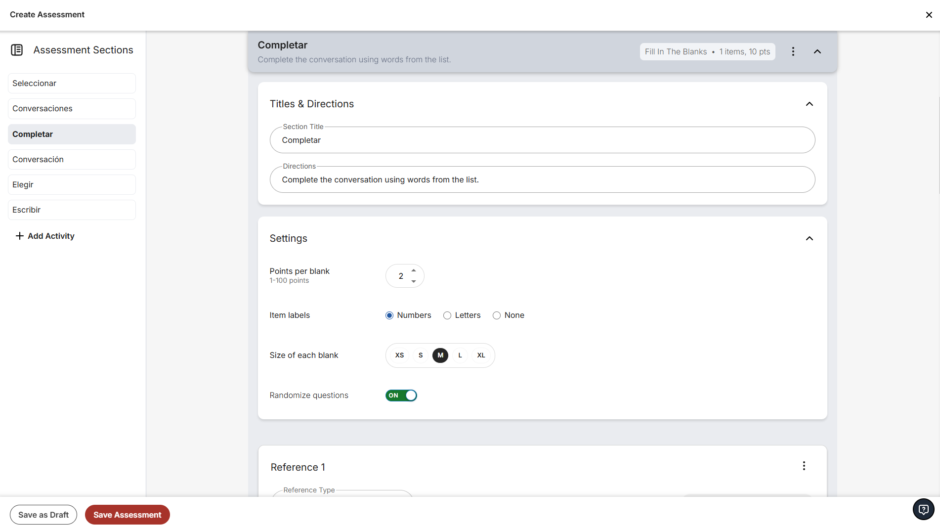 Assessment authoring tool, featuring the new navigation bar that makes it easier to see and reorder sections.