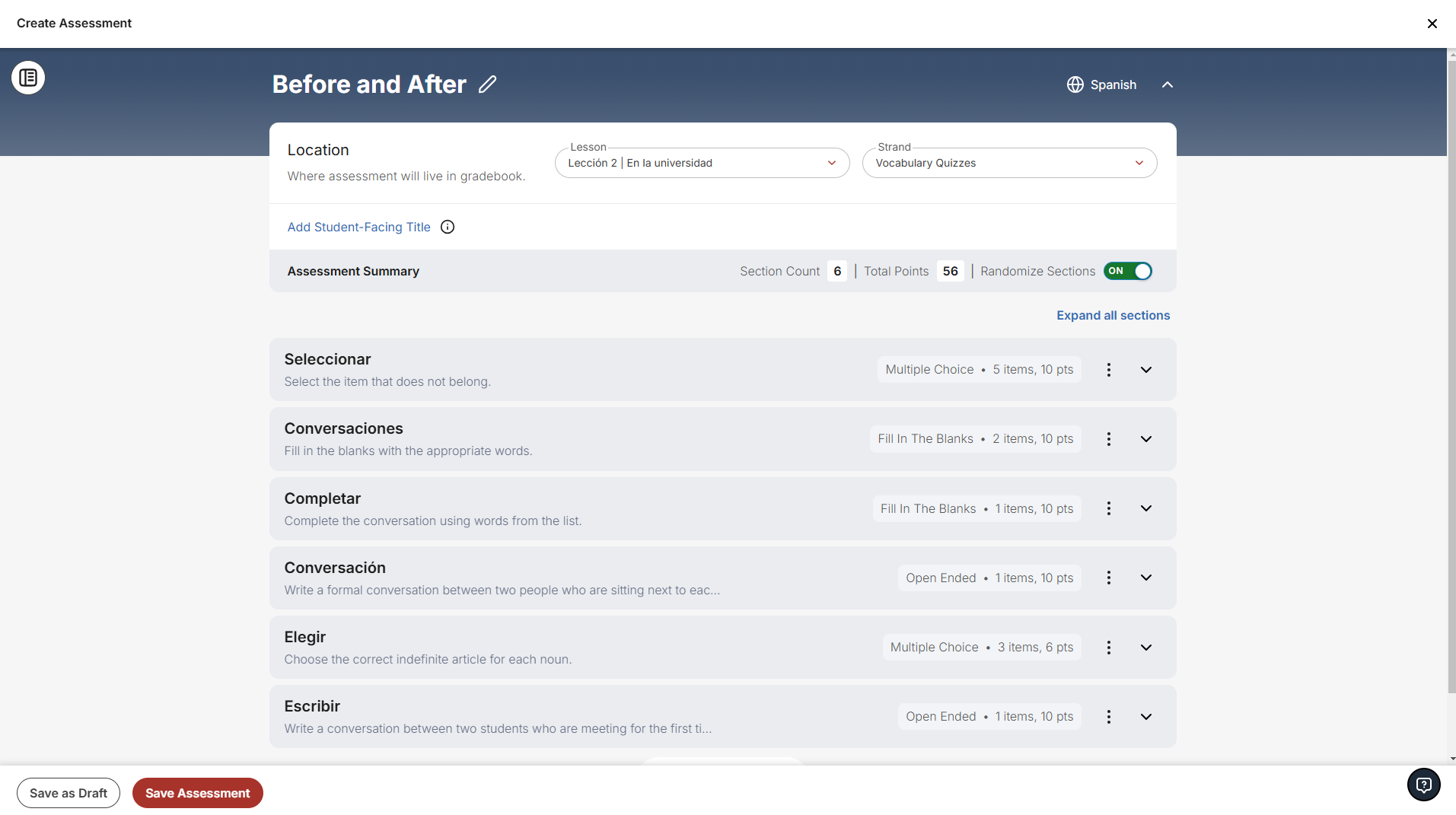 New assessment authoring tool interface, showing all sections collapsed.