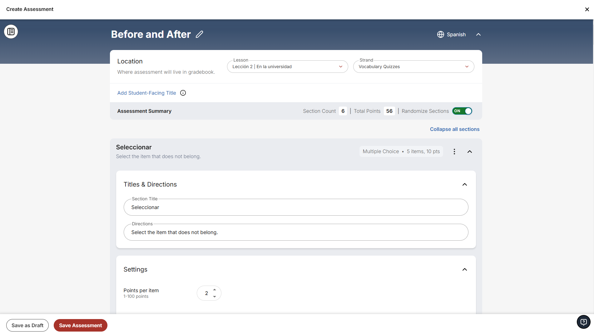 New assessment authoring tool interface, showing all sections expanded.