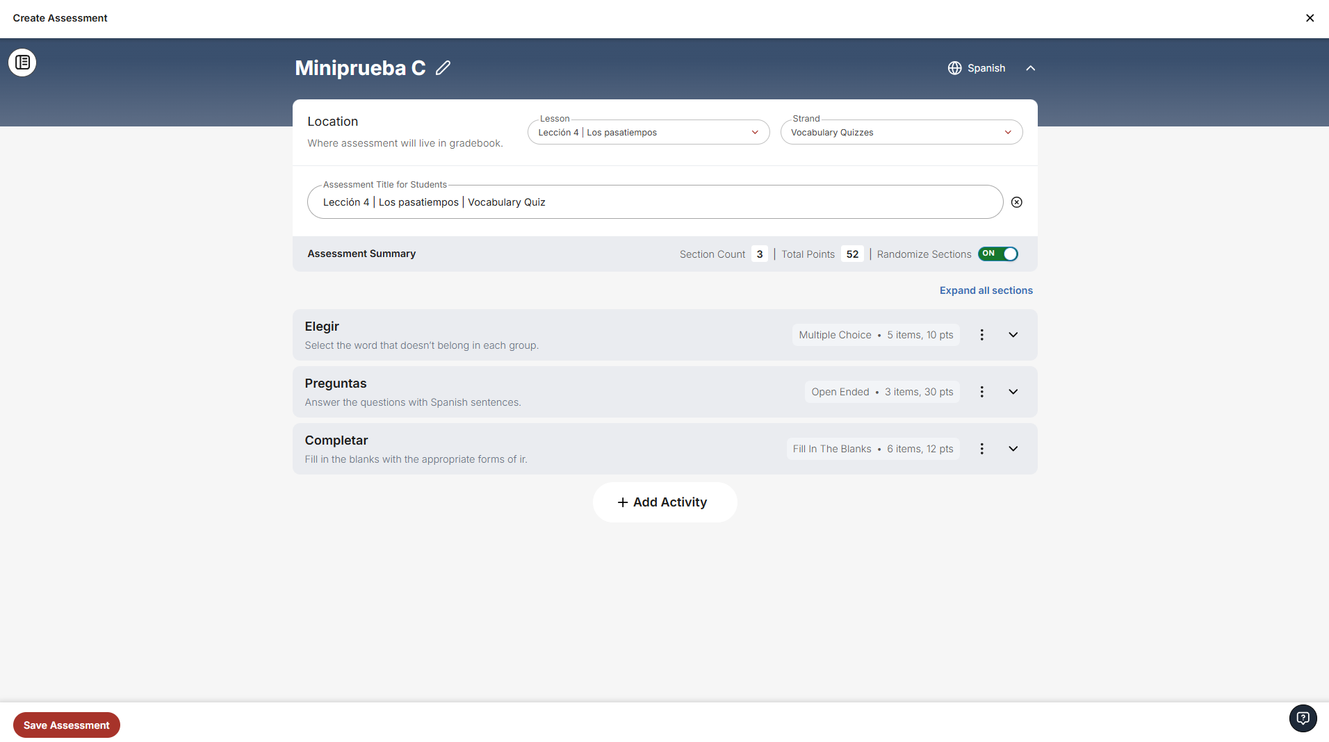 New assessment summary view in the custom assessment tool, showing section total and total points.