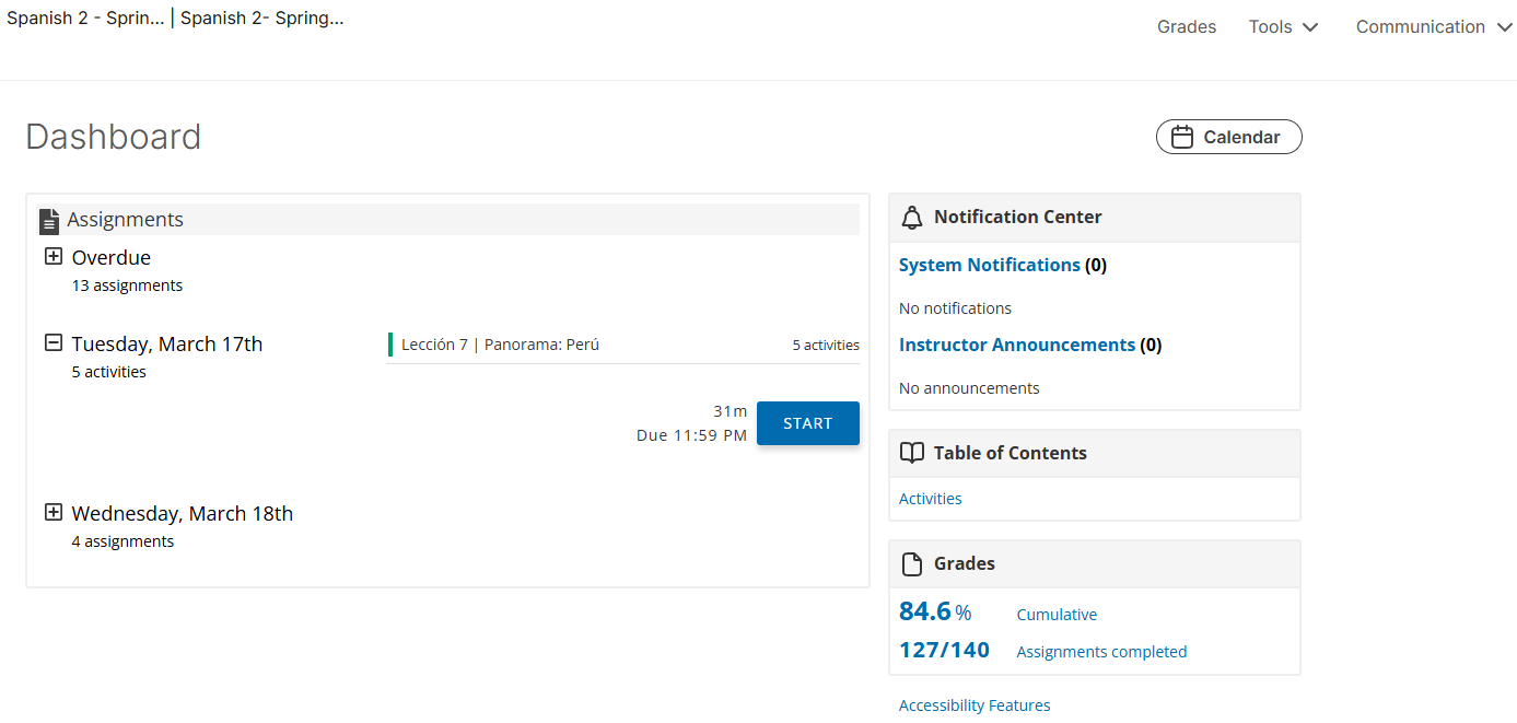 A course dashboard lists assignments, activities, and announcements with due dates, showing no notifications or grades available.