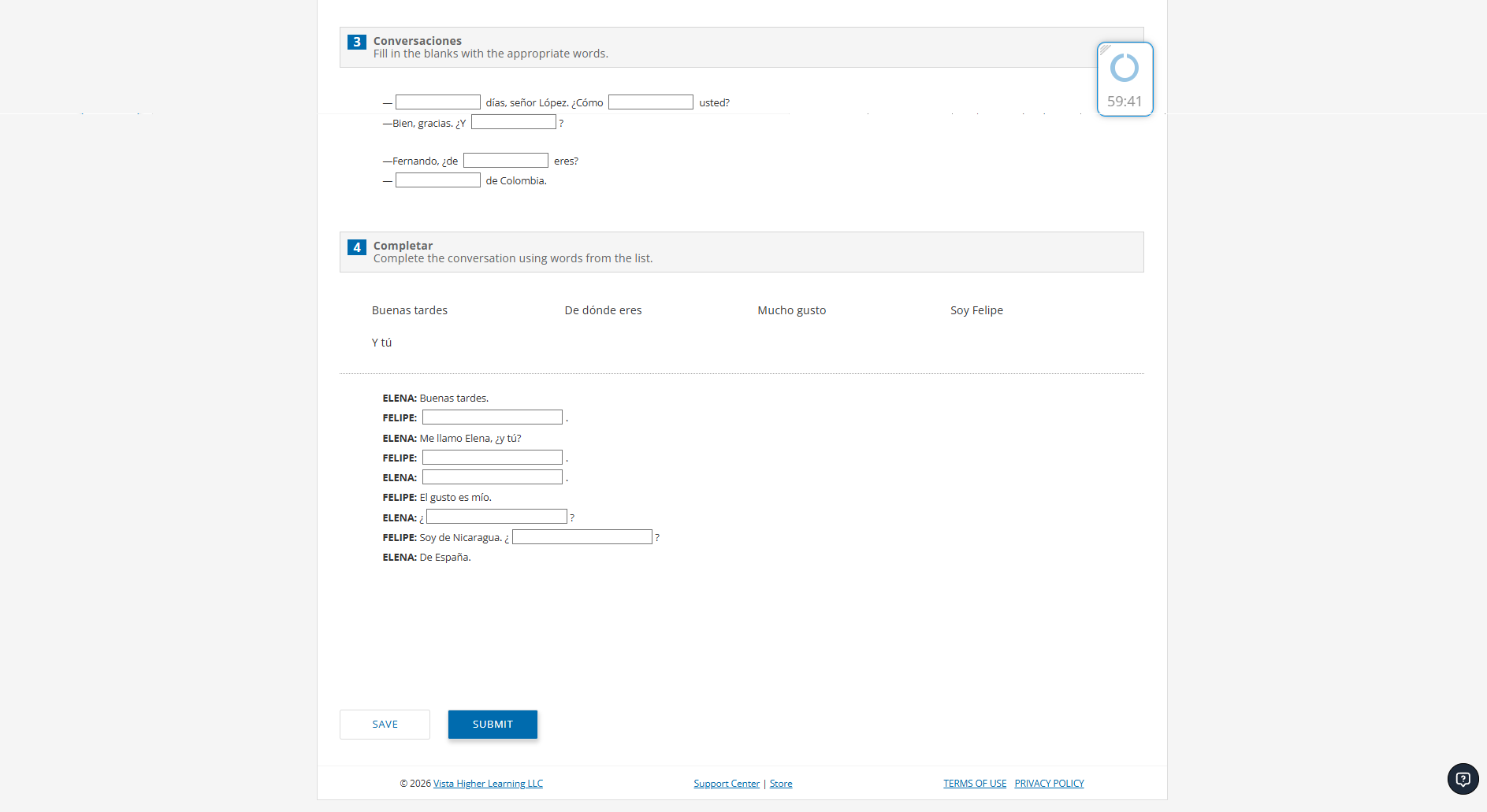 Open assessment showing countdown timer, save, and submit button.