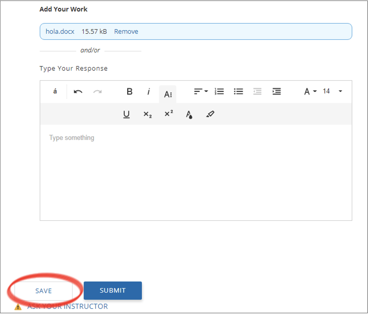 A screenshot shows a document titled "hola.docx" (15.57 KB) with options to save, submit, or ask the instructor.