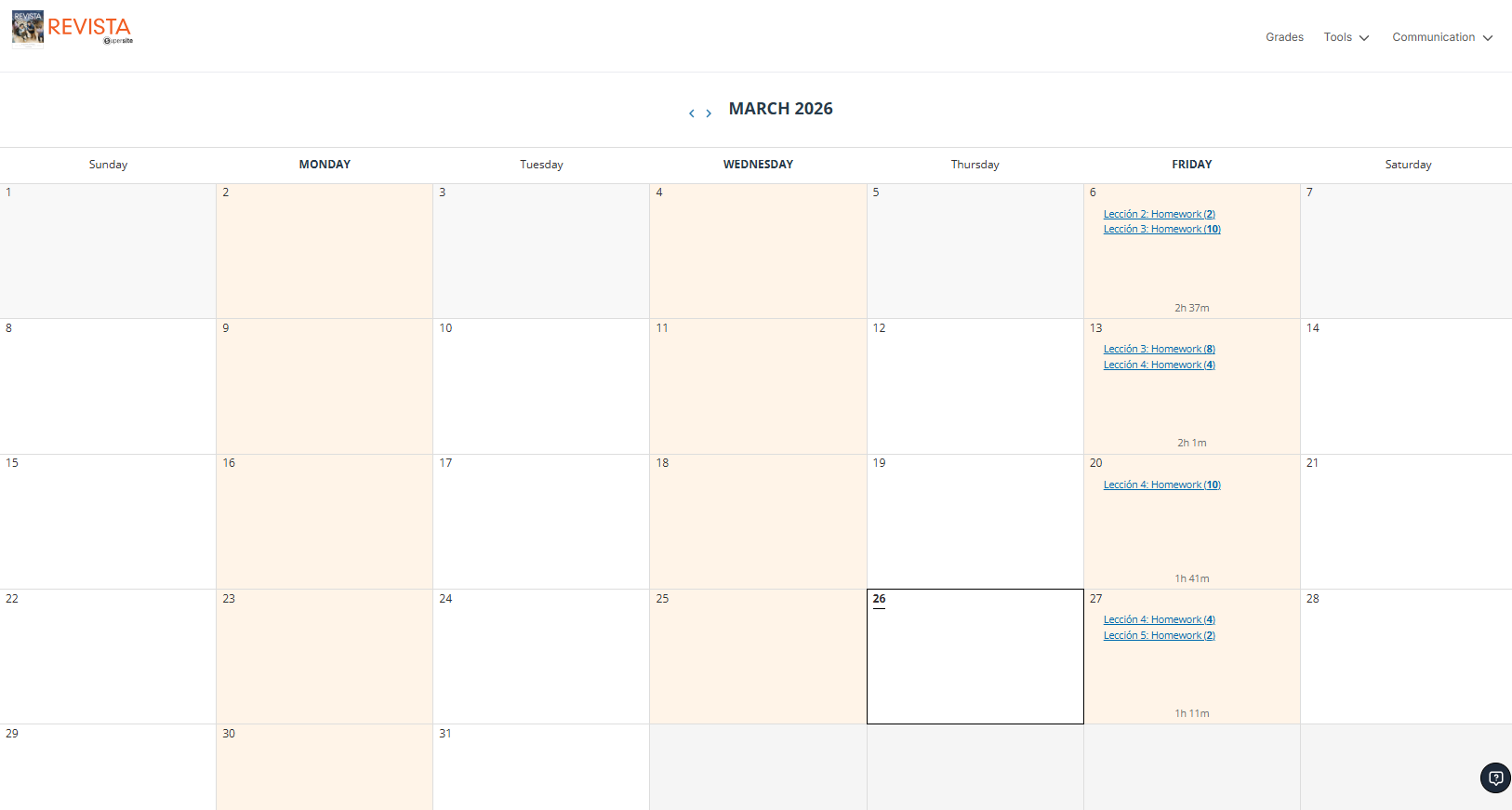 Overview of Spanish vocabulary quizzes, lesson tests, and homework assignments for June 2022, including specific durations and class cancellations.