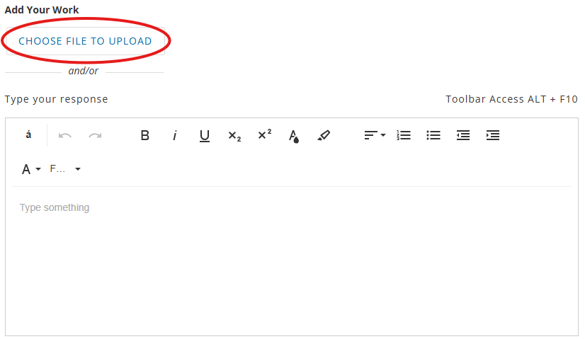 A computer interface with options to upload a file or type a response, featuring buttons and a red circle with blue text.