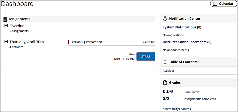Supersite 3.0 student dashboard displaying the Assignments area, Notification Center, Table of Contents, Grades area, Accessibility Features and the Calendar button. 