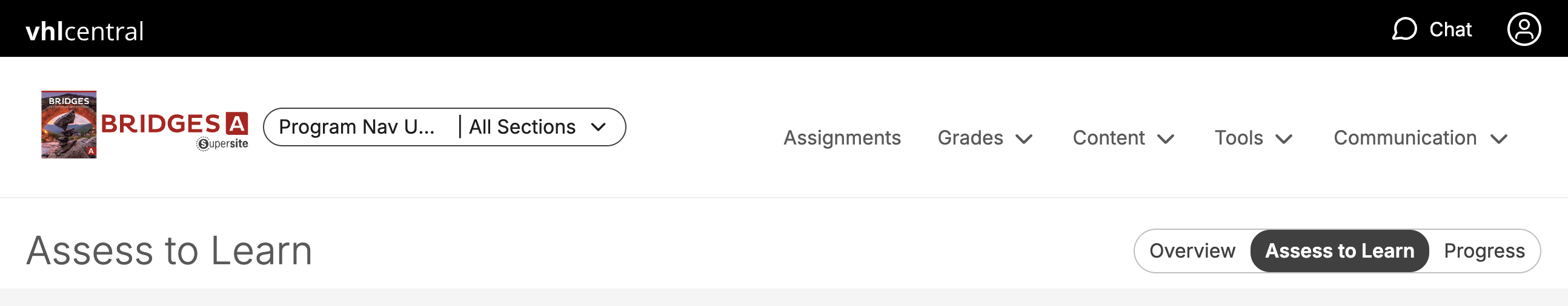 Screenshot of the vhlcentral platform for the Bridges A course, with navigation menus visible and the ‘Assess to Learn’ tab highlighted.