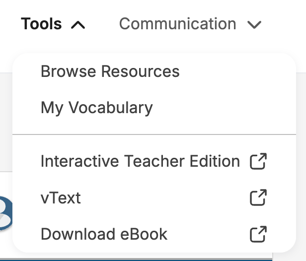 Expanded Tools menu for instructors with options to Browse Resources or access My Vocabulary, the Interactive Teacher Edition, the vText, and the option to download the eBook.