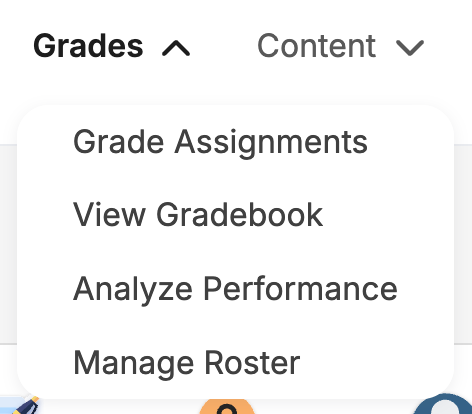 Expanded instructor Grades menu.