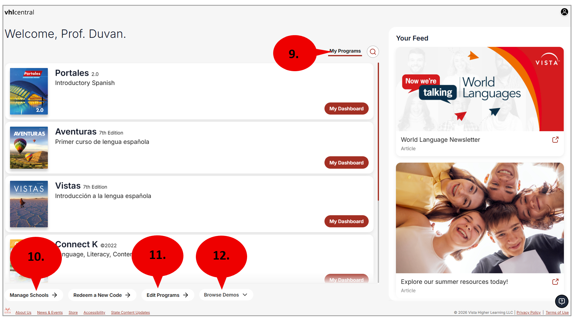 Instructor vhlcentral homepage with labels to key items 9-12