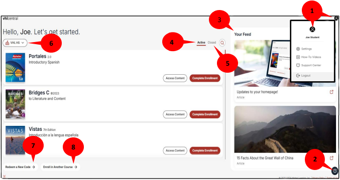 Student vhlcentral homepage with labels to key items 1-8