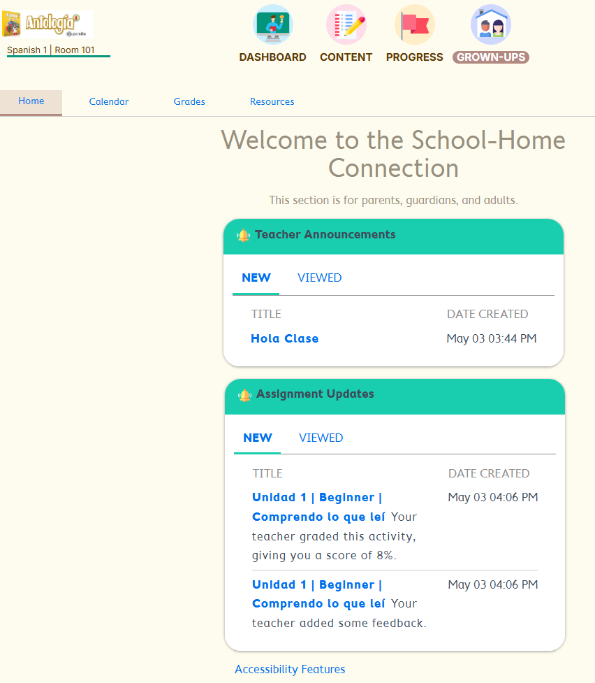 Screenshot of Grown-Ups page, focusing on the Home tab.  The Home Tab displays Teacher Announcements and Assignments Updates listing teacher notifications.