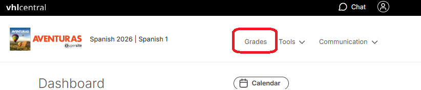 Screenshot of the Grades tab, located on the top right-side of the student dashboard