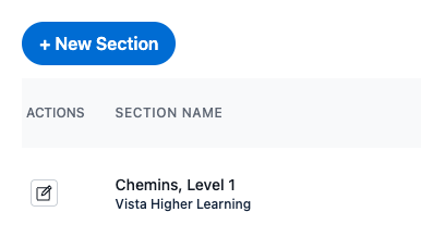 Sections list in MyConversationTrainer showing a “New Section” button and an existing section titled “Chemins, Level 1” from Vista Higher Learning with an edit icon.