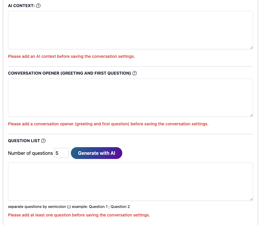Conversation settings page showing required fields for AI context, conversation opener, and question list with validation messages indicating missing information.