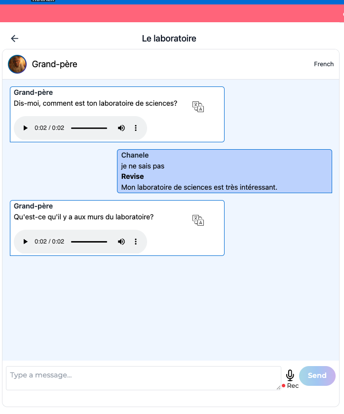 Active MyConversationTrainer conversation showing a French audio prompt, a student text response with a revision suggestion, and a follow‑up audio question.