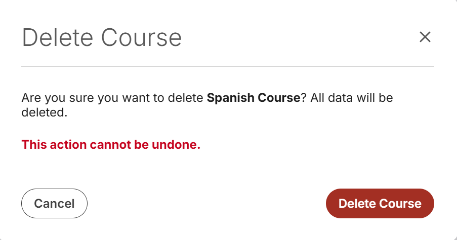 Confirmation page to click on "delete course"