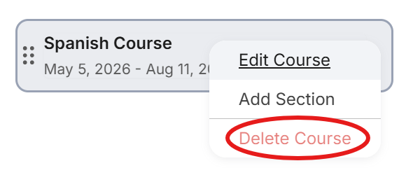 A dropdown menu is open with options to Edit Course, Add Section, or Delete Course
