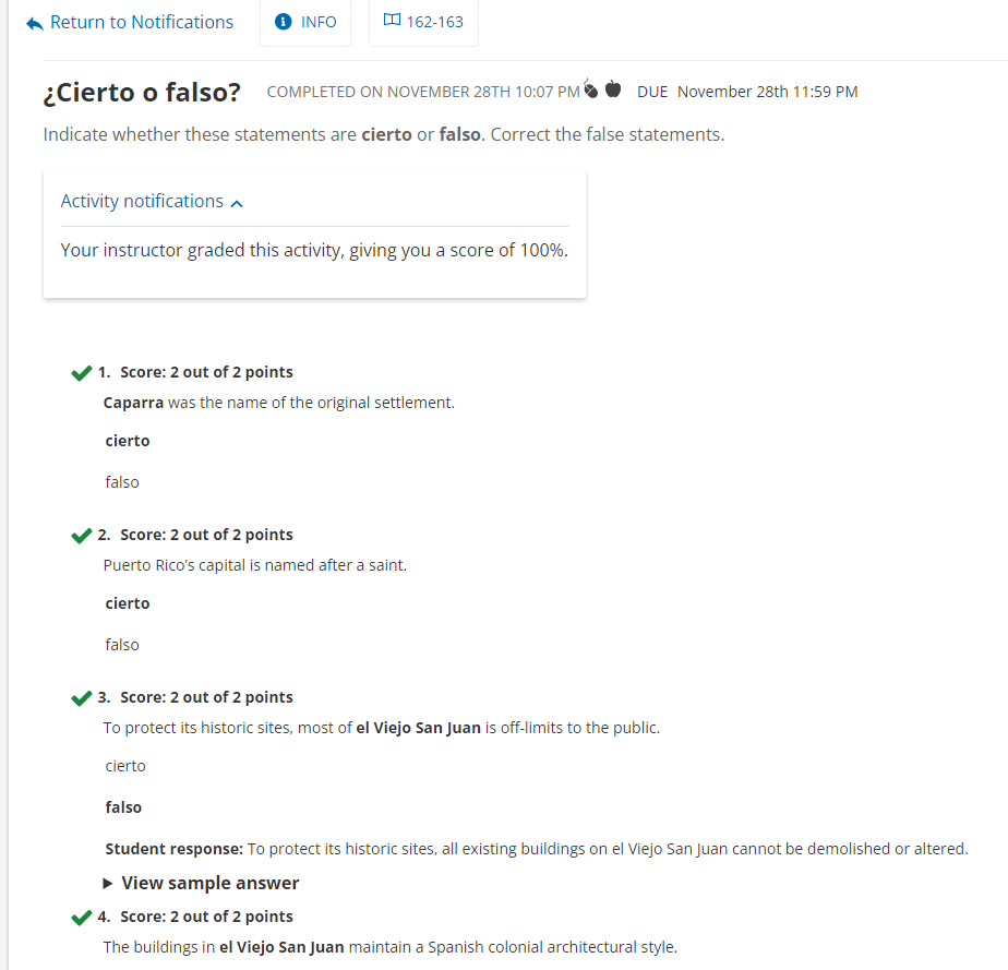 Activity assessing knowledge of Puerto Rico's history, including an Activity Notification that reads: "Your instructor graded this activity, giving you a score of 100 percent."