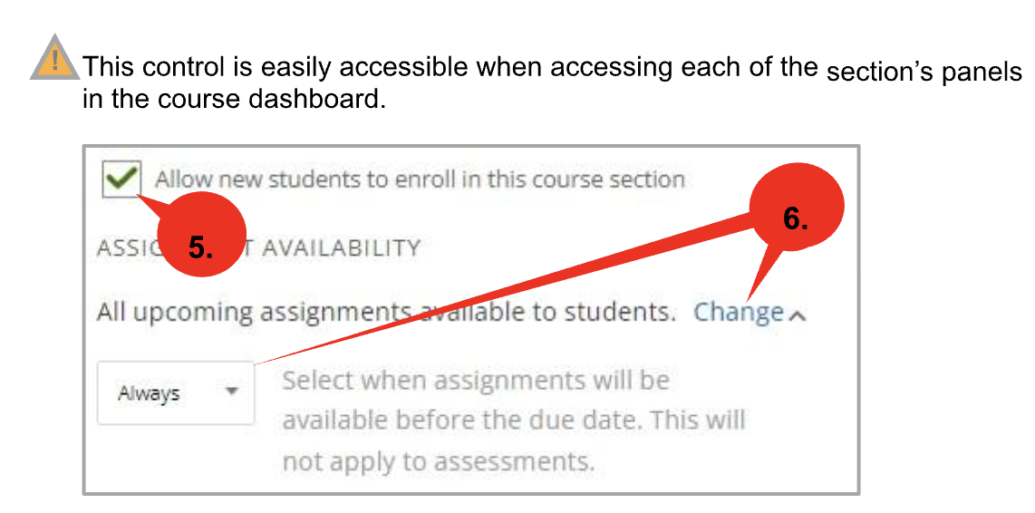 Screenshot showing a checkbox indicating the option to “Allow new students to enroll in this course section” with a red callout labeled with “#5.”  Further down, the “Assignment Availability” section shows the text “All upcoming assignments available to students” with a “Change” dropdown link and a drop-down menu with “Always” selected - highlighted with a red callout labeled with “#6.