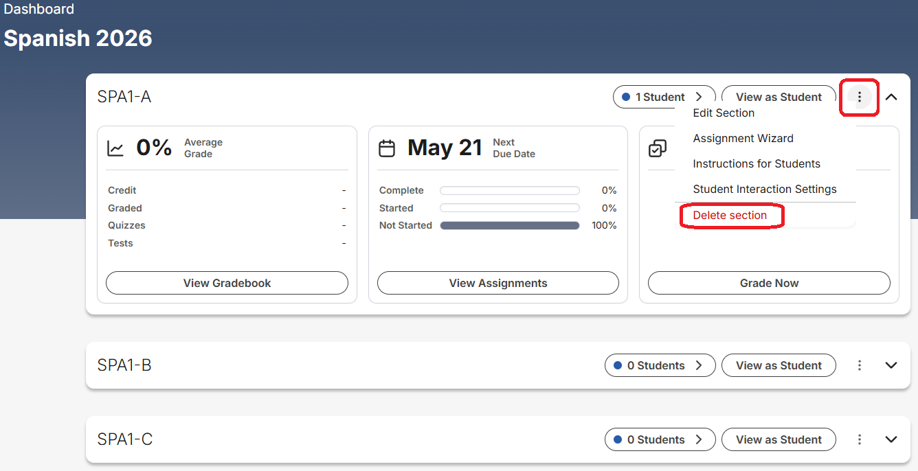Screenshot showing three course sections, Section 1, Section 2, and Section 3, with gear icon on the right selected and drop-down menu showing options for Assignment Wizard, Edit Section, Instructions for Students, View as Sample Student, and Delete Section. Delete Section is highlighted in red.