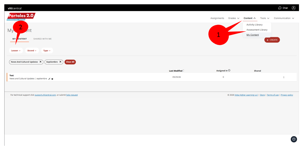 vhlcentral My Content page with the Content dropdown menu open, showing a custom lesson under News and Cultural Updates, September.