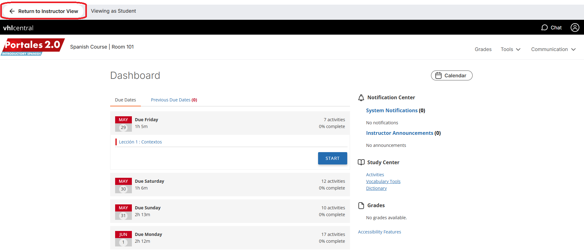 Sample student page with a navigation bar at the top. In the top left corner, a red outline highlights a link labeled ‘Return to instructor view,’ indicating the option to return to the instructor view.