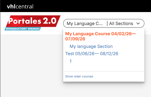 VHL Central Portales 2.0 course selector dropdown showing two courses with their sections and date ranges.