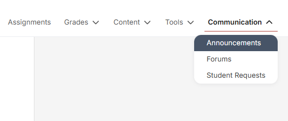 VHL Central Communication menu expanded with Announcements highlighted, showing Forums and Student Requests below.