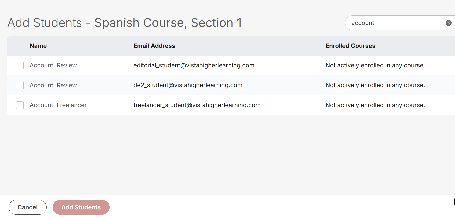 "Add students" page showing the search results