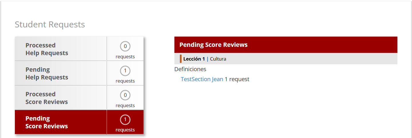Student Requests dashboard showing one pending score review