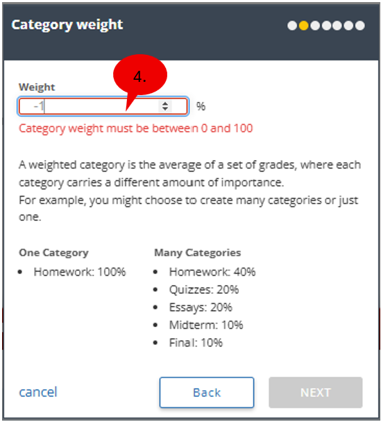 “Category weight” dialog with a numeric input field for entering a percentage value