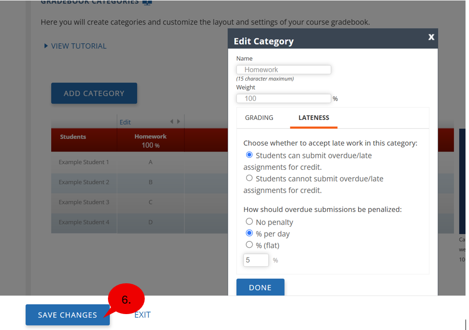 “Save Changes” button displayed on the Gradebook Categories page