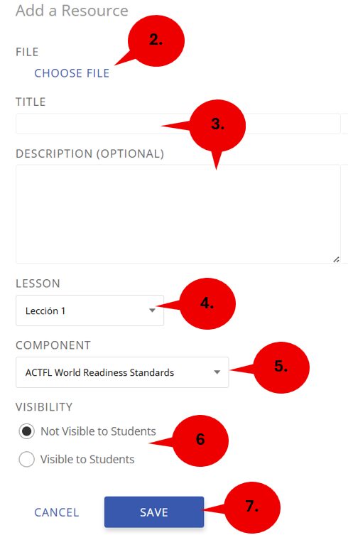 Add a Resource form with fields to choose a file, enter a title and description, select a lesson and component, set visibility to students, and save or cancel.