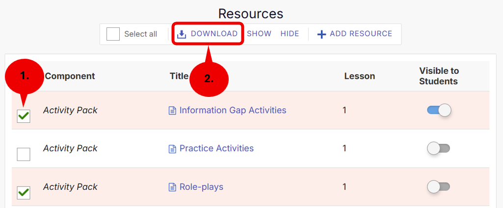 VHL Central Resources page for Lección 1 with two Activity Pack items selected and the Download button highlighted.