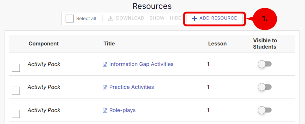 VHL Central Resources page for Lección 1 with two Activity Pack items selected and the "add resource" button highlighted.