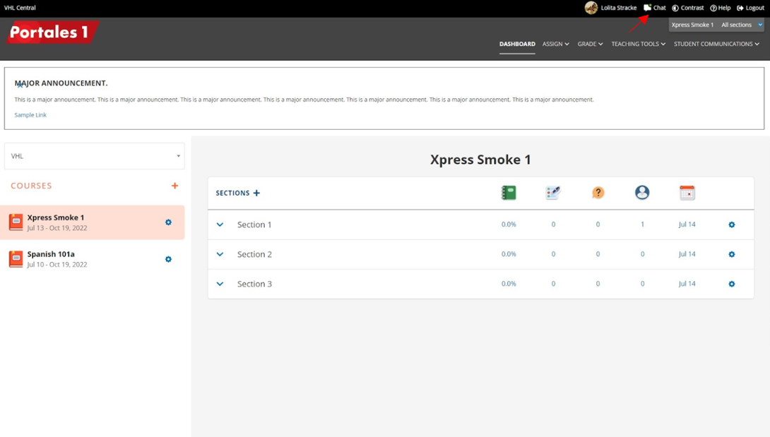 A dashboard interface with course sections, grades, tools, and a repeated major announcement text visible on the screen.