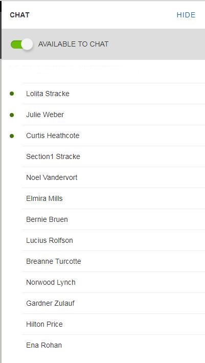 A phone screen displays a chat interface listing names like Lolita Stracke, Julie Weber, and others, with options to chat or hide.