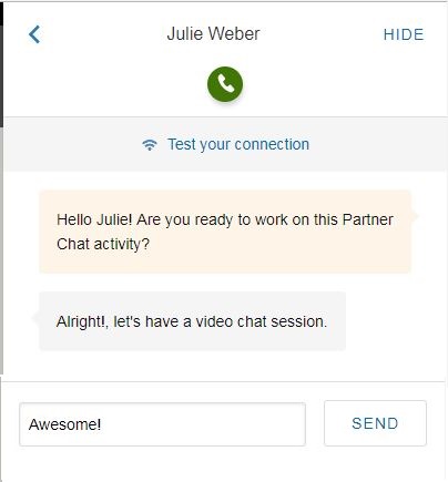 A chat screenshot shows Julie Weber being asked to test her connection and join a video chat for a Partner Chat activity.