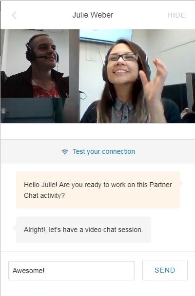 A woman with headphones waves while smiling, and a man with a headset appears in a chat screenshot discussing a video session.