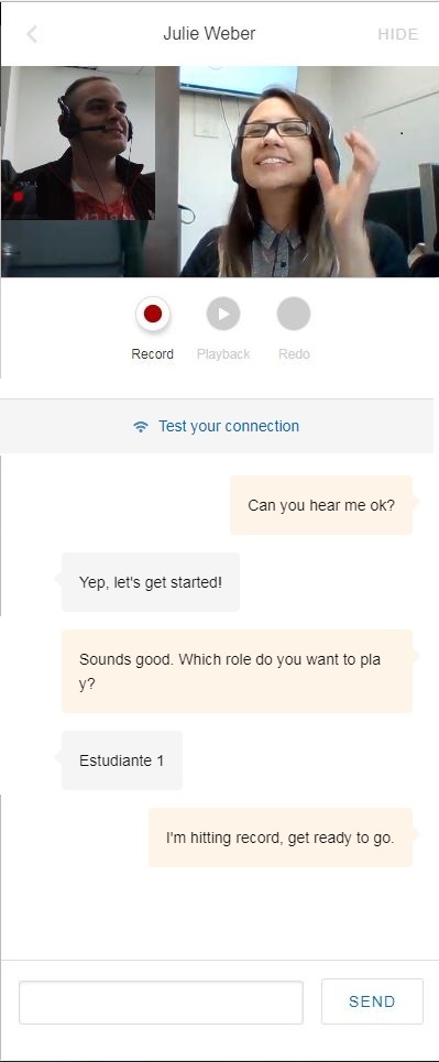 A woman with headphones smiles, a man with a headset appears on a chat interface discussing roles and recording.
