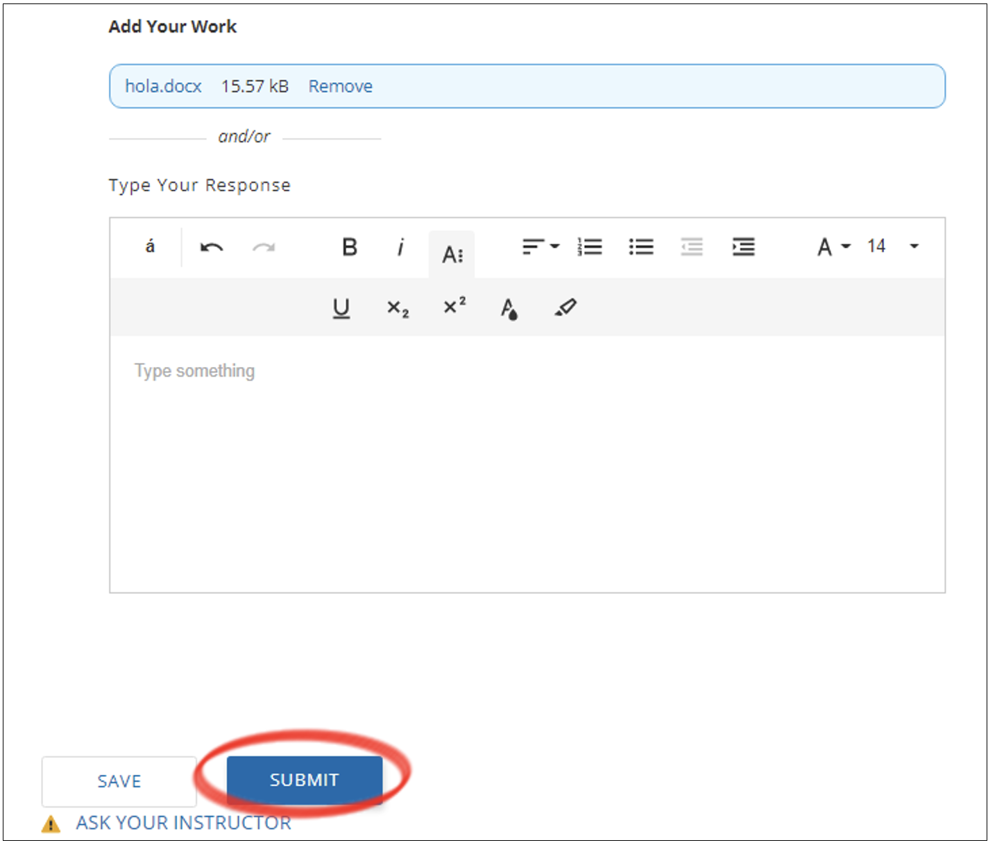 A screenshot shows a document titled "hola.docx" (15.57 KB) with options to save, submit, or ask the instructor.