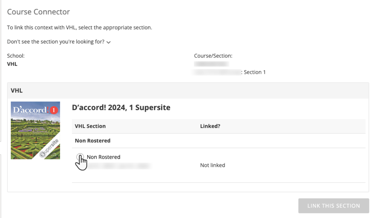 Course Connector page with one available course section to link for a program.