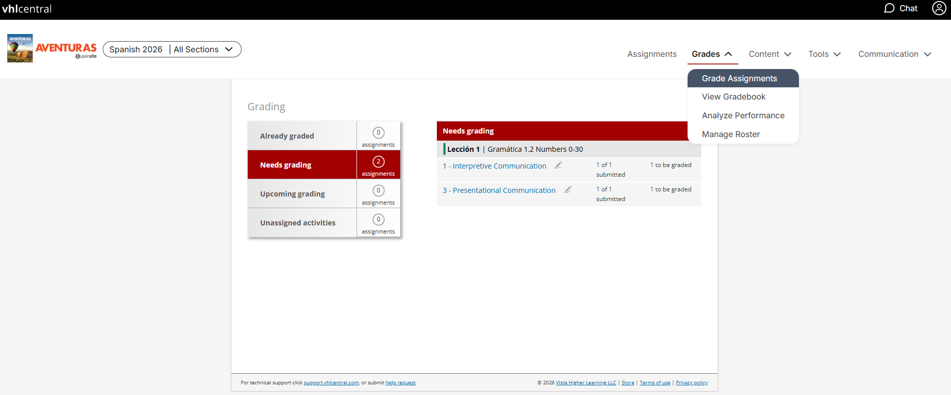 Screenshot of the VHL Central/ Aventuras 7th edition Supersite Grading area/page.  The top navigation bar includes menu options for Assignments, Grades, Content, Tools, and Communication, with the Grades menu expanded displaying the “Grade Assignments” option being selected.  On the left side of the Grading area/page, a summary panel lists four categories: Already graded, Needs grading, Upcoming grading, and Unassigned activities. On the right side, a larger panel labeled Needs grading displays two lesson 1 activities waiting to be graded by educator.